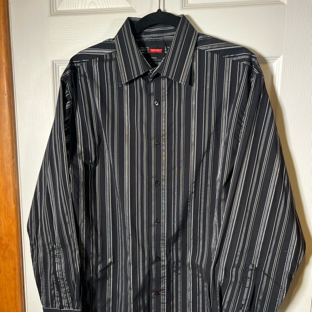 Report Signature Black Dress Shirt with Silver Stripes